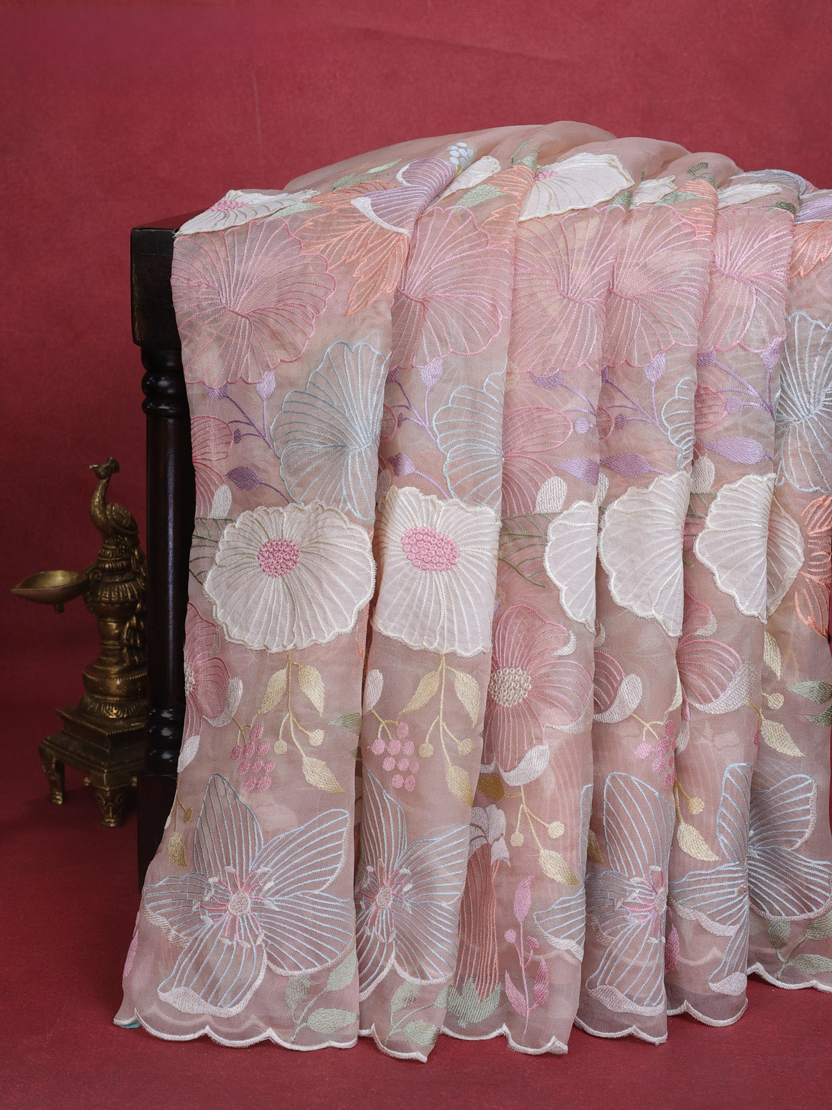 Mild Peach Organza Silk Saree With Allover Floral Embroidery