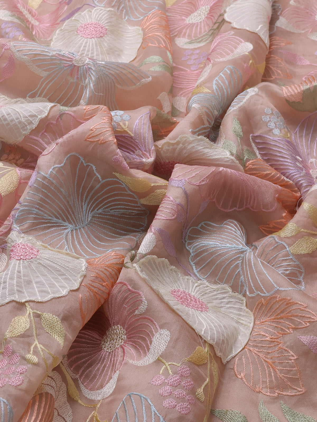 Mild Peach Organza Silk Saree With Allover Floral Embroidery