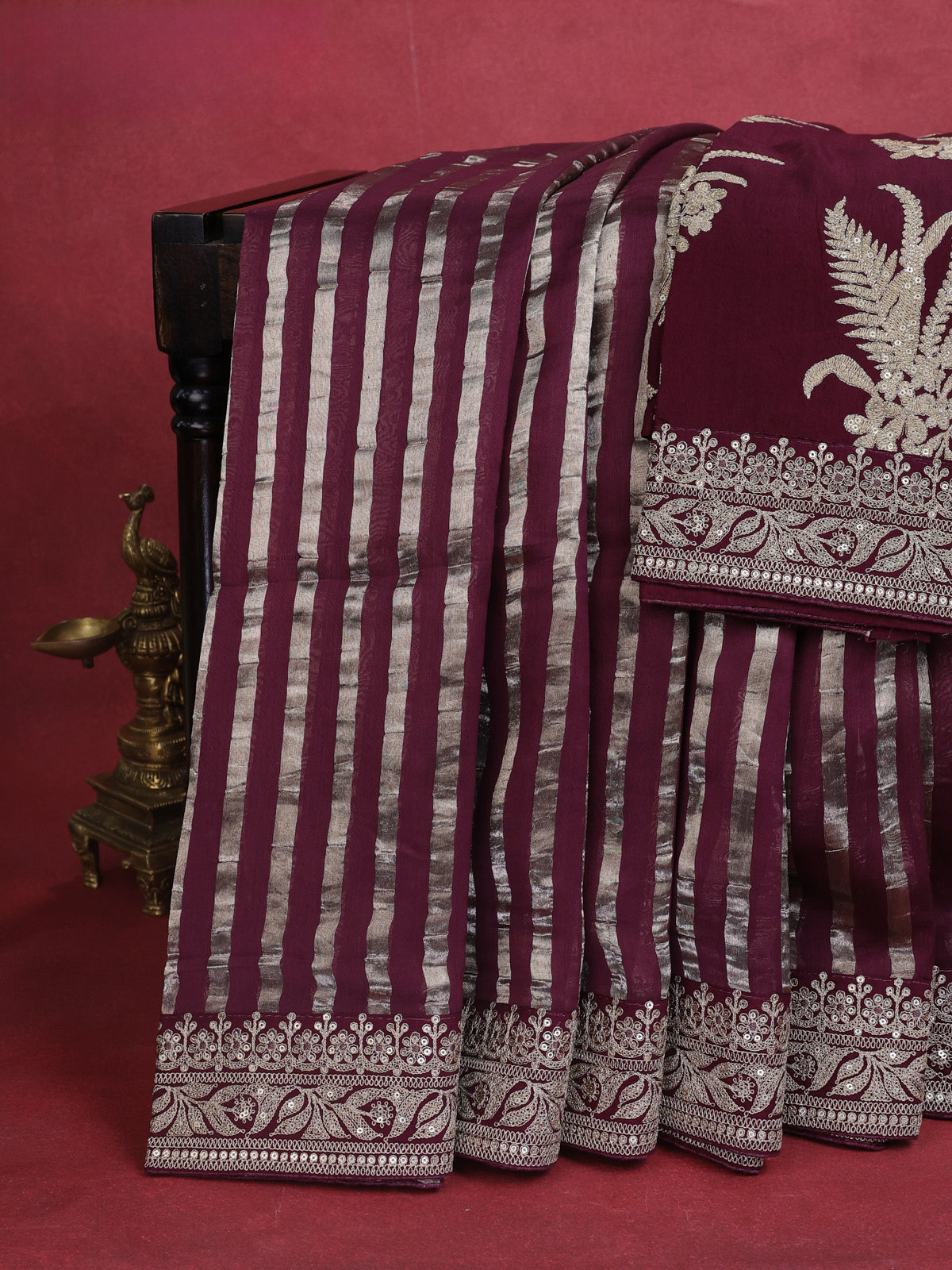 Wine Pure Organza Silk Saree With Zari Stripes & Sequin Work Border