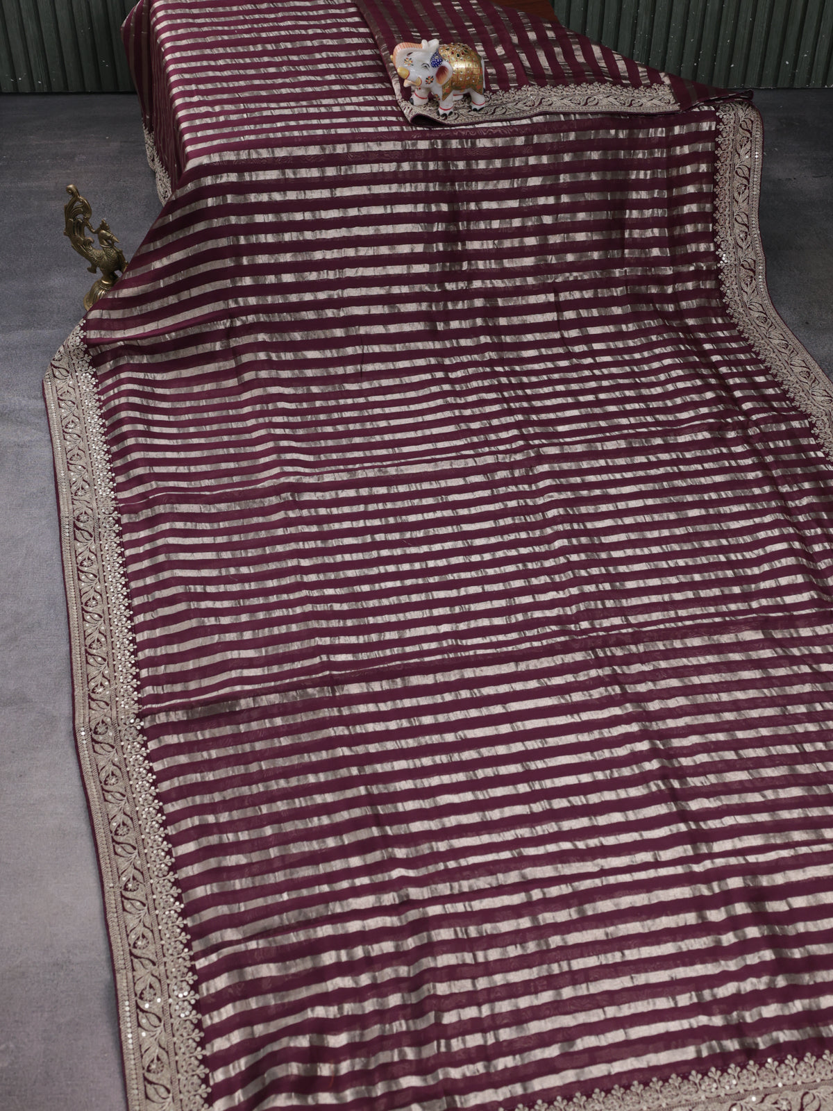 Wine Pure Organza Silk Saree With Zari Stripes & Sequin Work Border