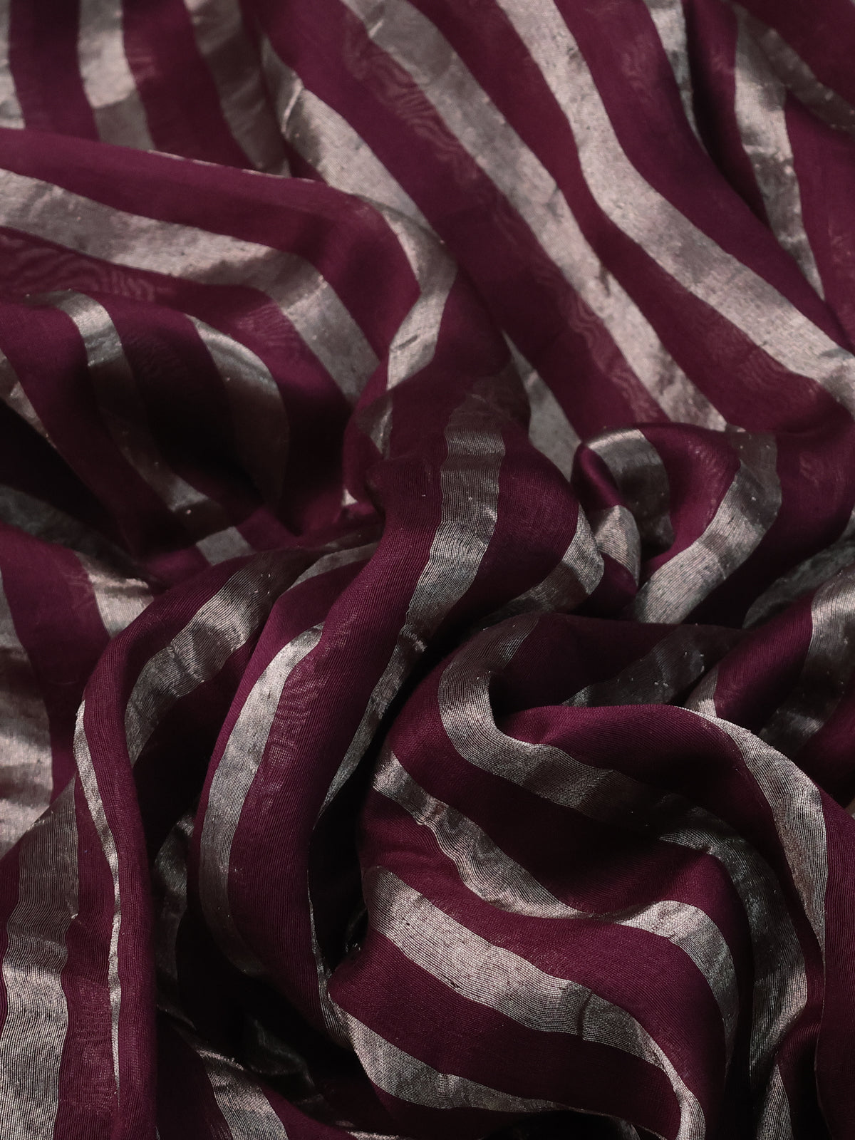 Wine Pure Organza Silk Saree With Zari Stripes & Sequin Work Border