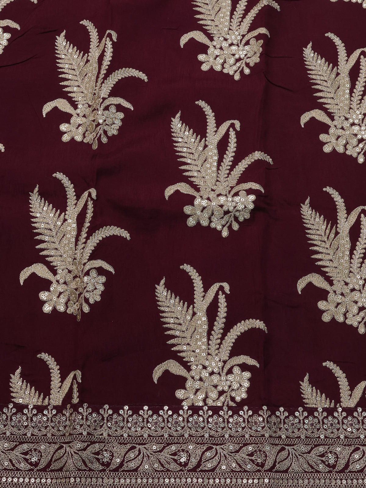 Wine Pure Organza Silk Saree With Zari Stripes & Sequin Work Border