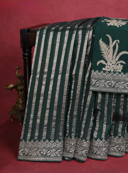 Bottle Green Pure Organza Silk Saree With Zari Stripes & Sequin Work Border