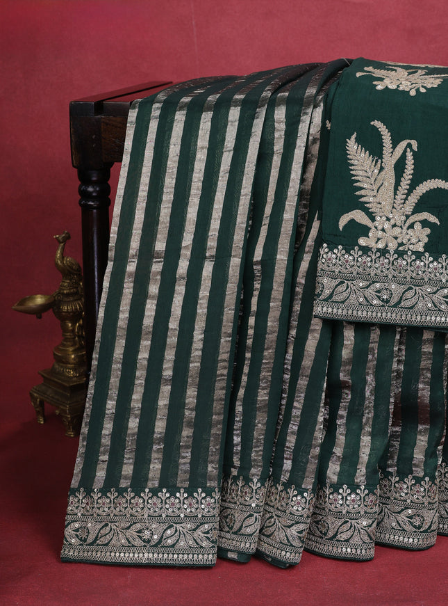 Bottle Green Pure Organza Silk Saree With Zari Stripes & Sequin Work Border