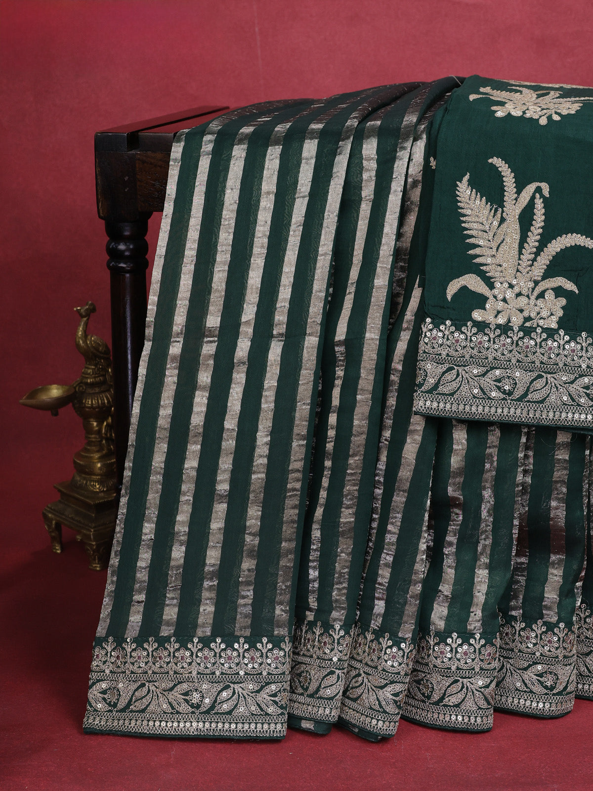 Bottle Green Pure Organza Silk Saree With Zari Stripes & Sequin Work Border