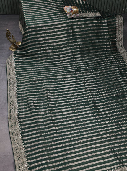 Bottle Green Pure Organza Silk Saree With Zari Stripes & Sequin Work Border
