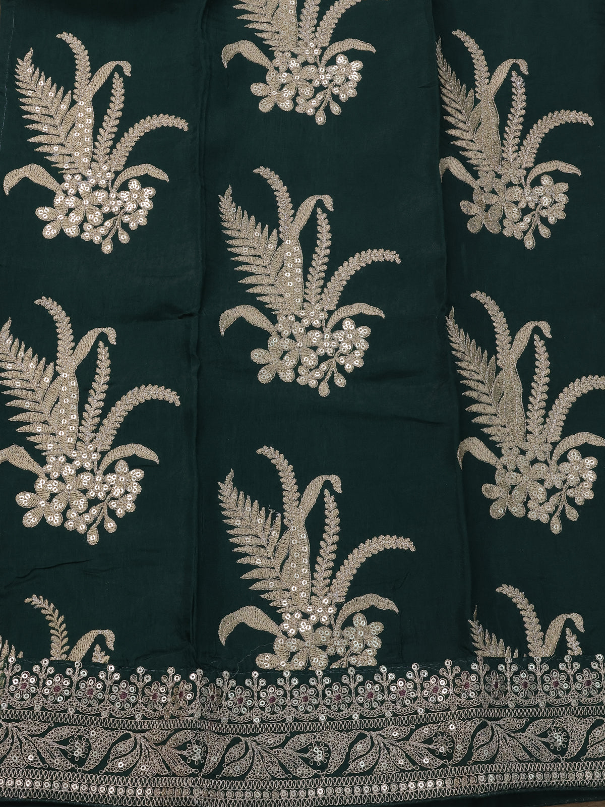 Bottle Green Pure Organza Silk Saree With Zari Stripes & Sequin Work Border