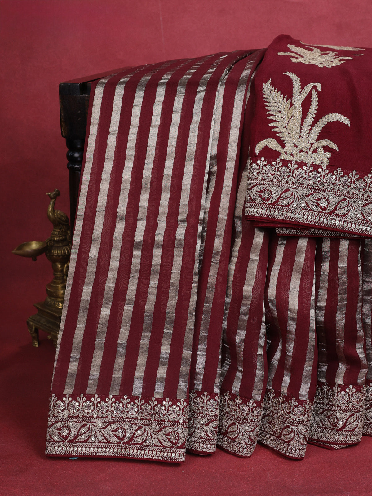 Maroon Pure Organza Silk Saree With Zari Stripes & Sequin Work Border