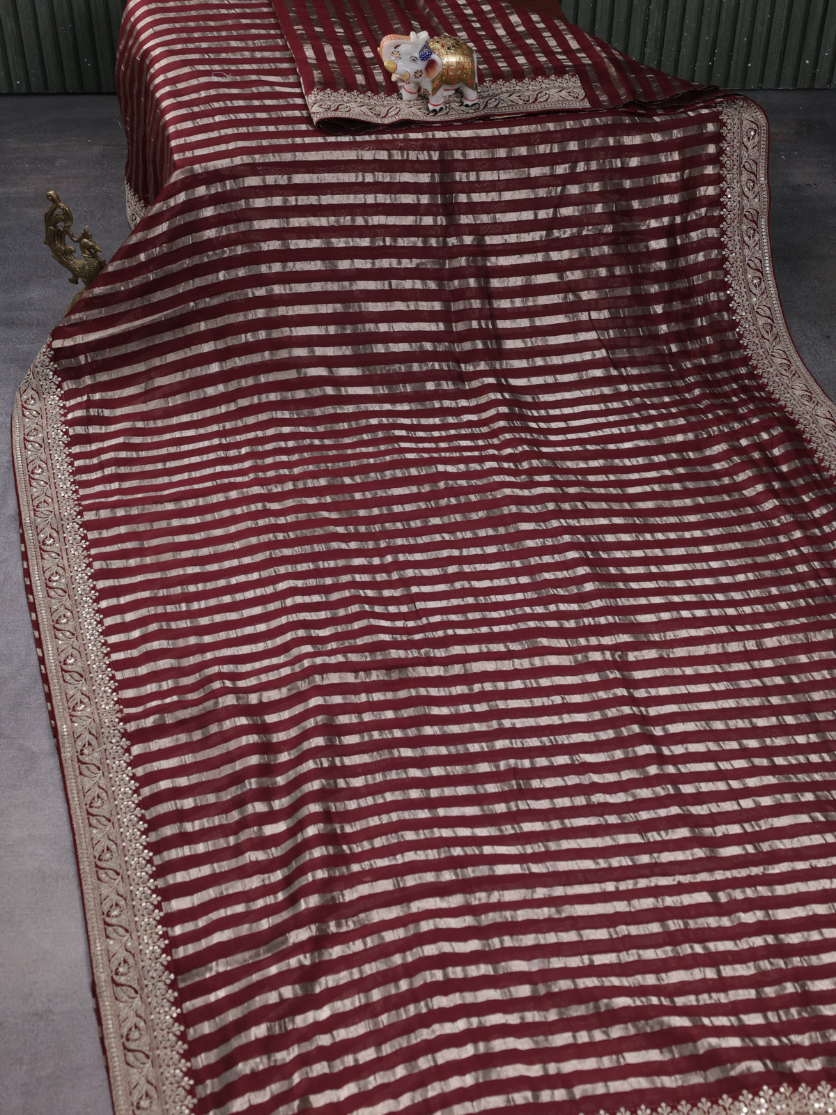 Maroon Pure Organza Silk Saree With Zari Stripes & Sequin Work Border