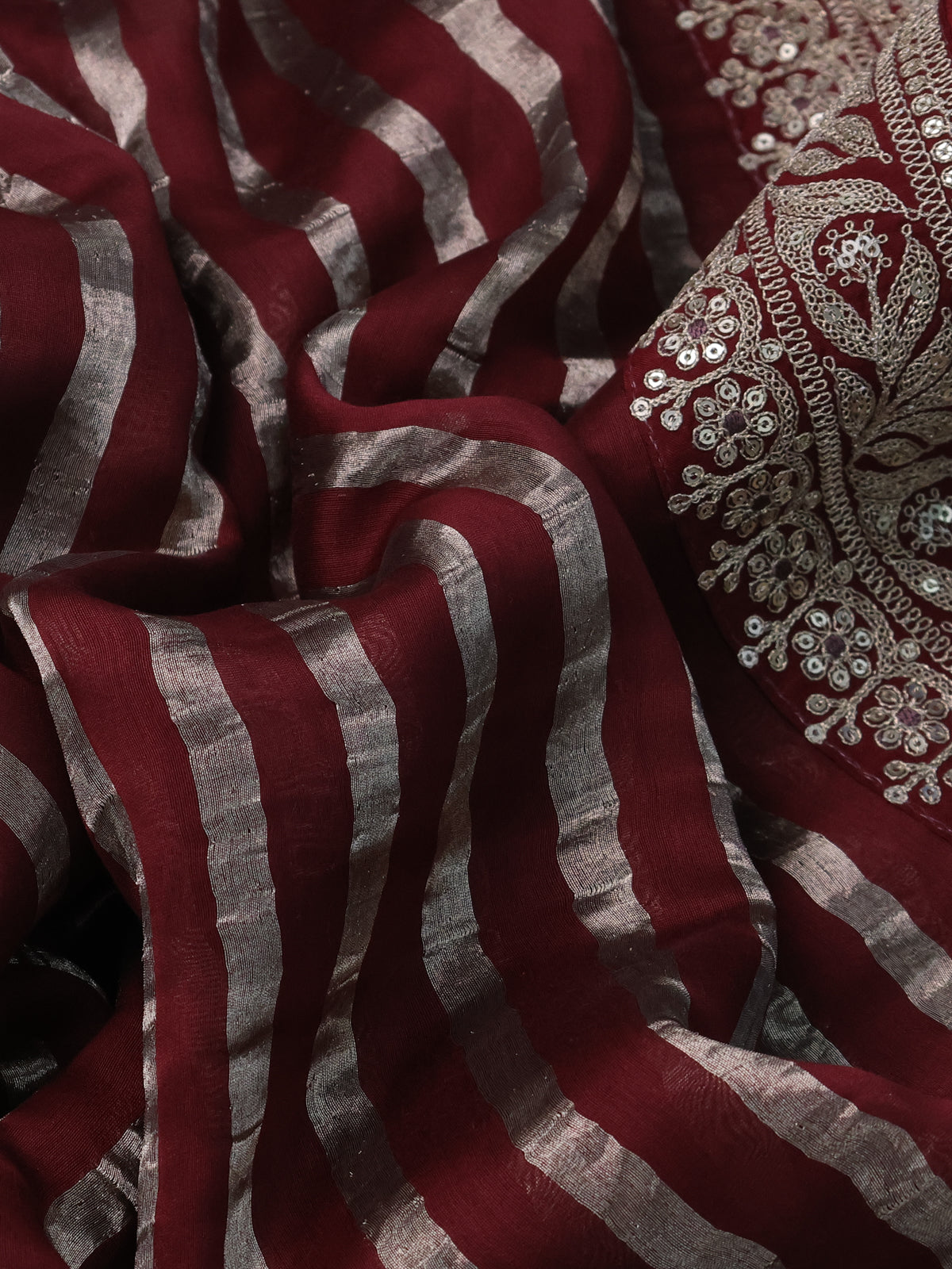 Maroon Pure Organza Silk Saree With Zari Stripes & Sequin Work Border