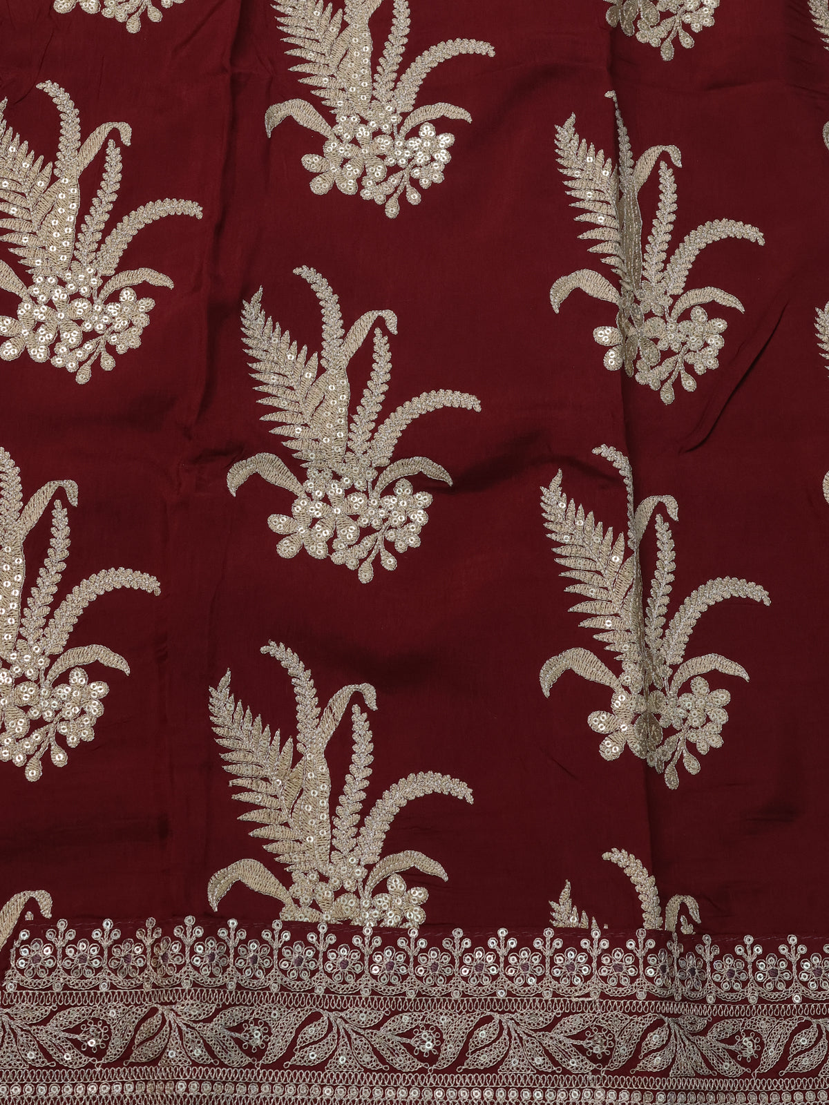 Maroon Pure Organza Silk Saree With Zari Stripes & Sequin Work Border