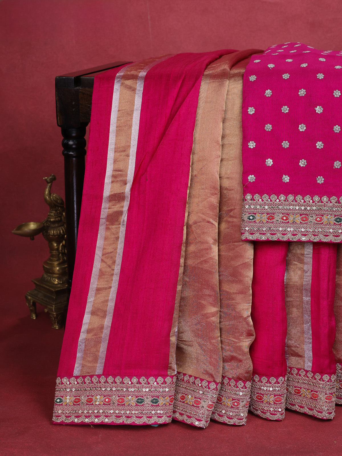 Dark Pink Banarasi Raw Silk With Silk & Gold Stripes & Sequin Work Border