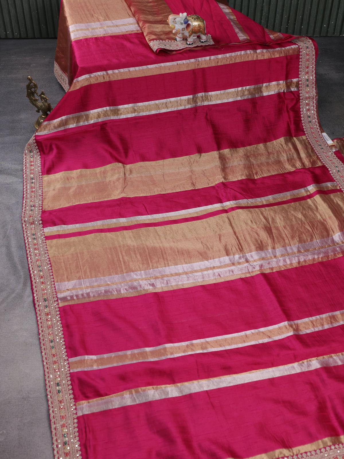 Dark Pink Banarasi Raw Silk With Silk & Gold Stripes & Sequin Work Border