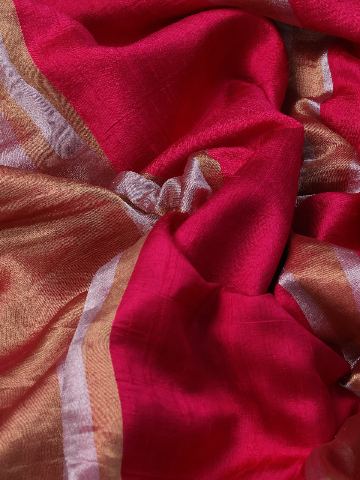 Dark Pink Banarasi Raw Silk With Silk & Gold Stripes & Sequin Work Border