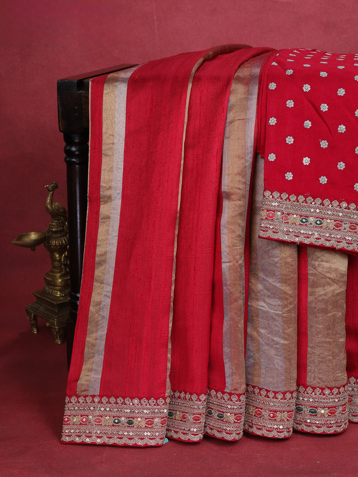 Maroon Banarasi Raw Silk With Silk & Gold Stripes & Sequin Work Border
