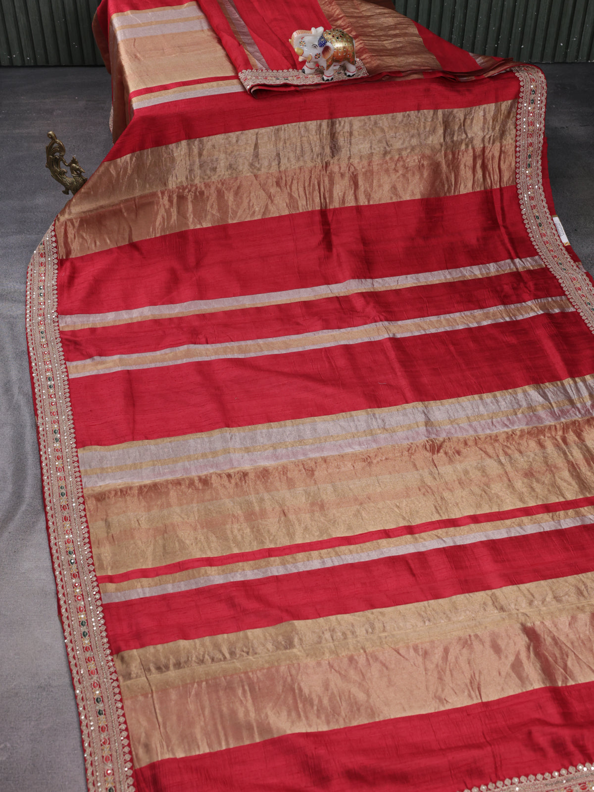 Maroon Banarasi Raw Silk With Silk & Gold Stripes & Sequin Work Border