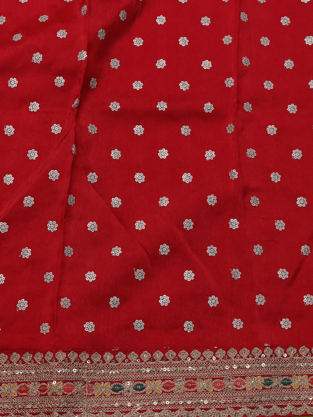 Maroon Banarasi Raw Silk With Silk & Gold Stripes & Sequin Work Border