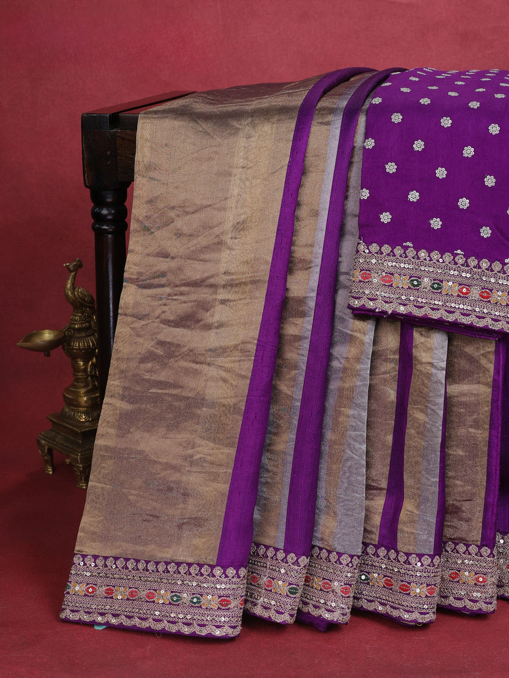 Violet Banarasi Raw Silk With Silk & Gold Stripes & Sequin Work Border