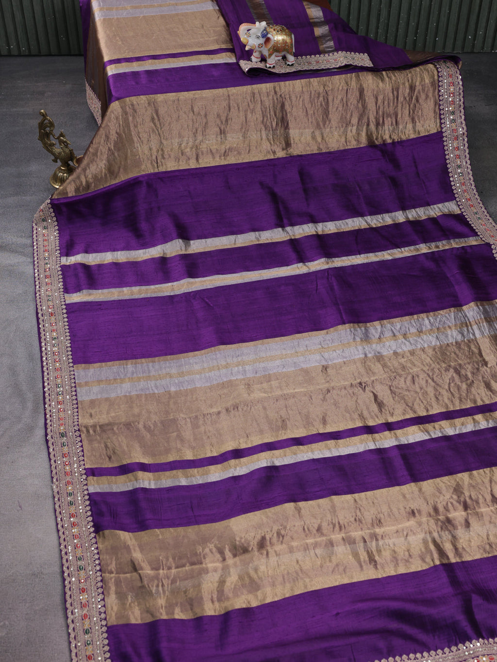 Violet Banarasi Raw Silk With Silk & Gold Stripes & Sequin Work Border