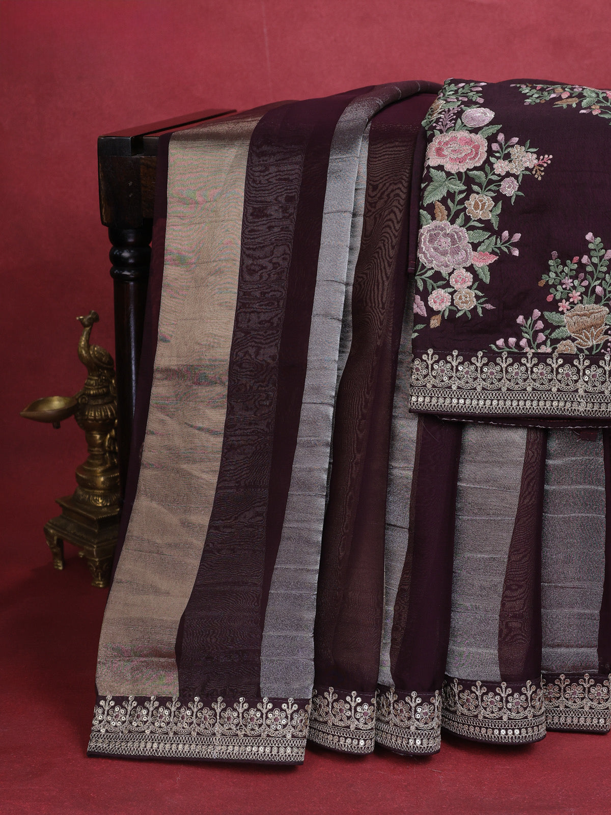 Deep Wine Pure Organza Silk Saree With Silver & Gold Zari Stripes & Sequin Work Border