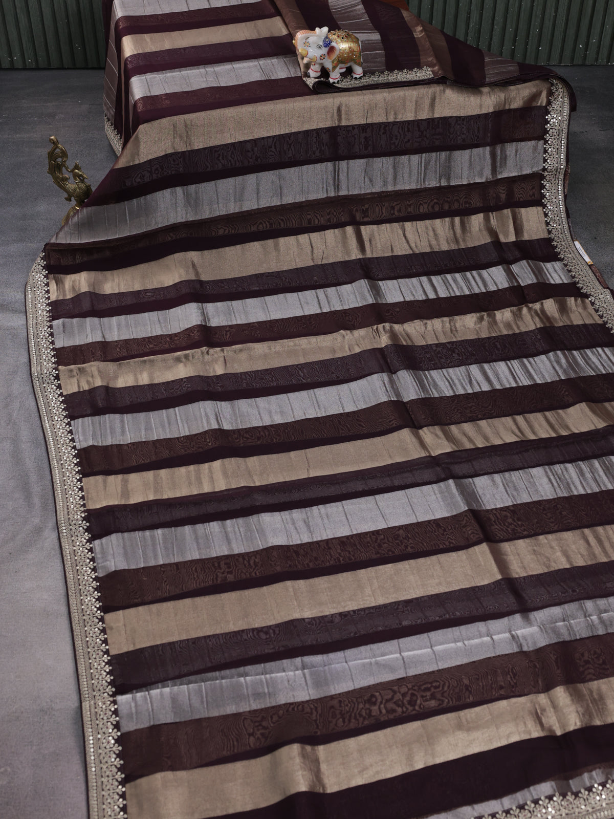 Deep Wine Pure Organza Silk Saree With Silver & Gold Zari Stripes & Sequin Work Border