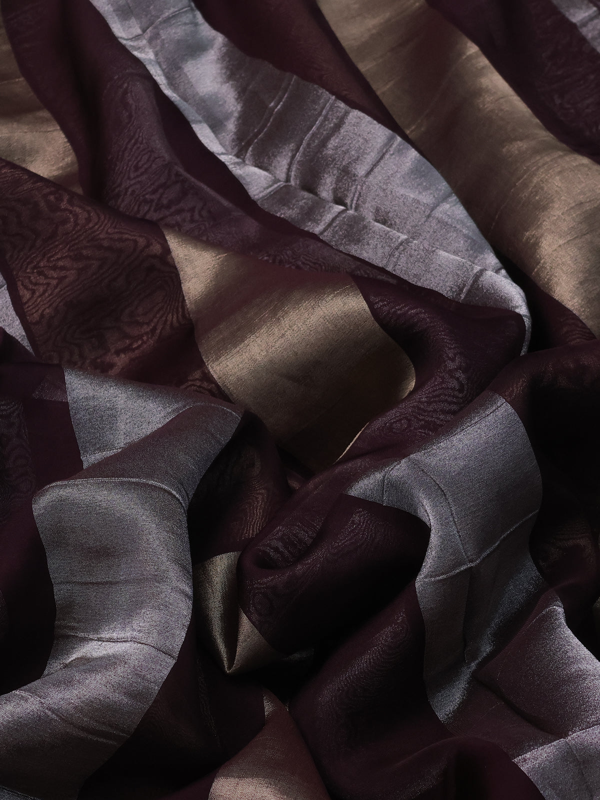 Deep Wine Pure Organza Silk Saree With Silver & Gold Zari Stripes & Sequin Work Border