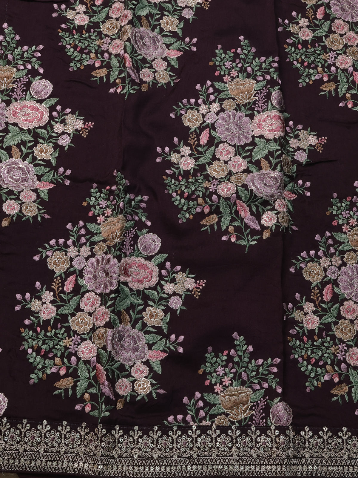 Deep Wine Pure Organza Silk Saree With Silver & Gold Zari Stripes & Sequin Work Border