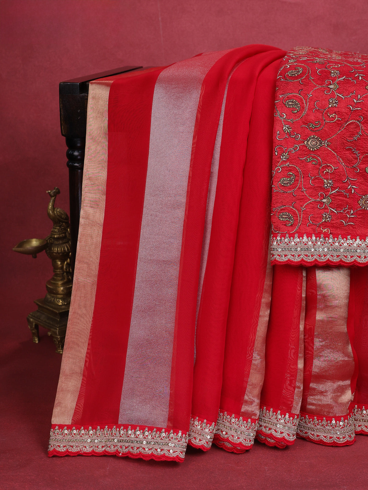 Red Pure Organza Silk Saree With Silver & Gold Zari Stripes & Sequin Work Border