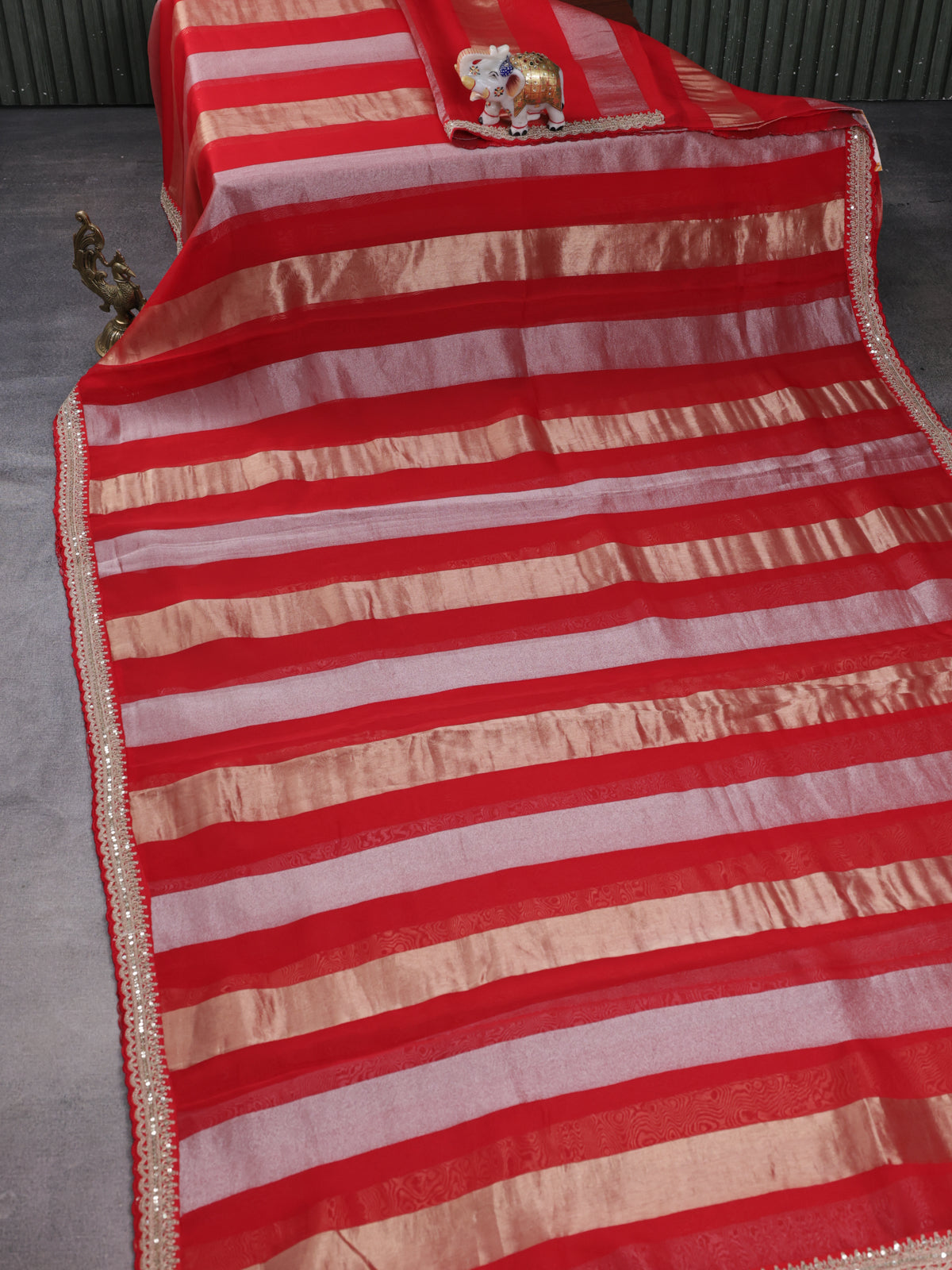 Red Pure Organza Silk Saree With Silver & Gold Zari Stripes & Sequin Work Border