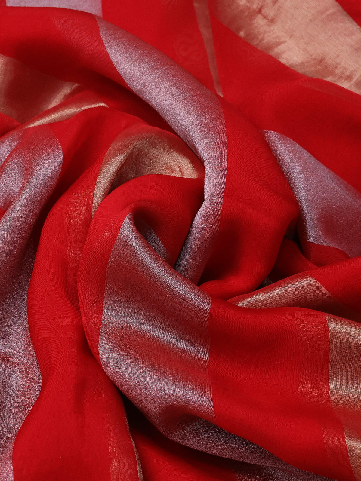 Red Pure Organza Silk Saree With Silver & Gold Zari Stripes & Sequin Work Border