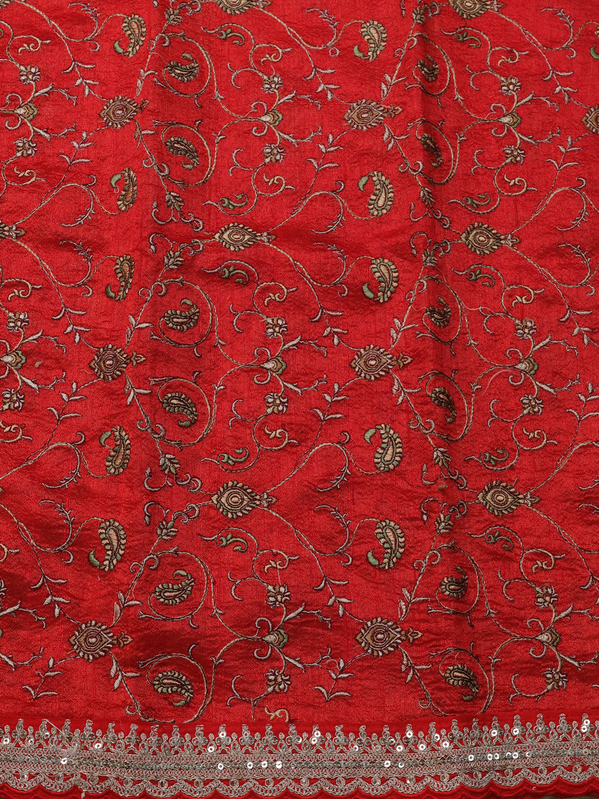 Red Pure Organza Silk Saree With Silver & Gold Zari Stripes & Sequin Work Border