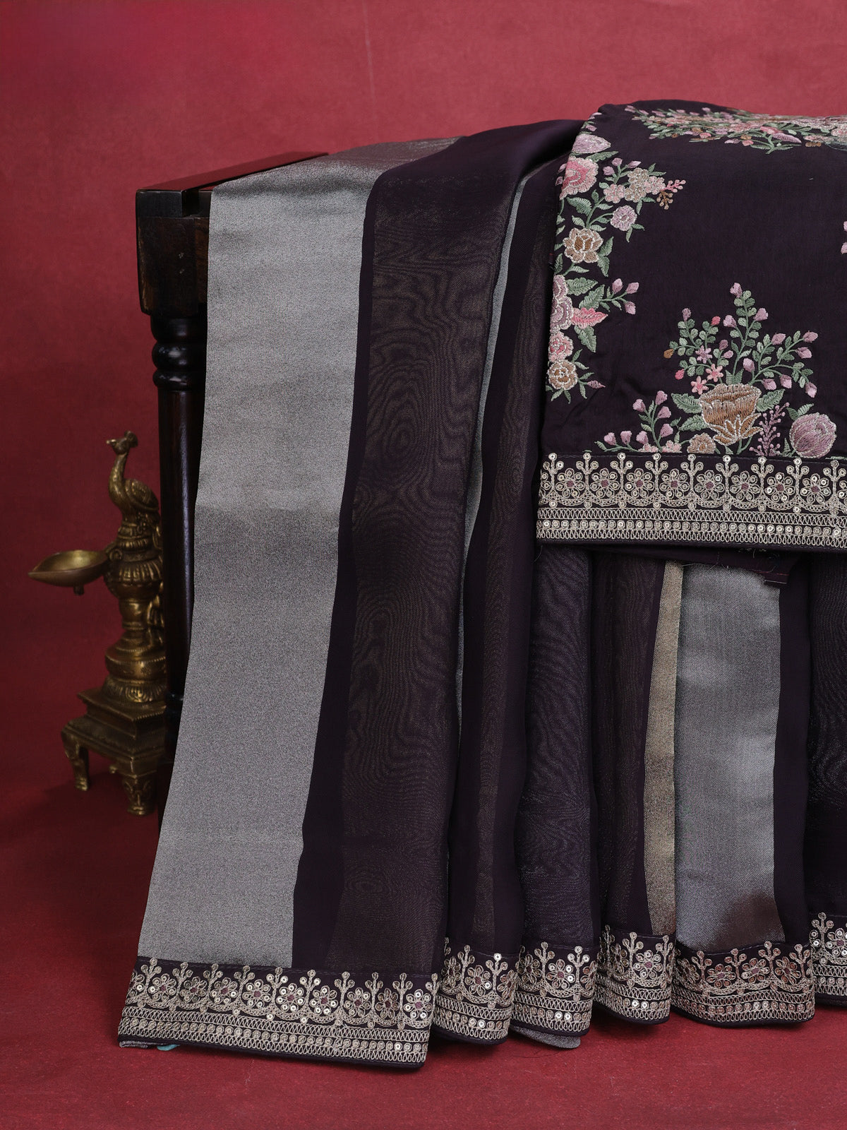 Deep Jmaun Pure Organza Silk Saree With Silver & Gold Zari Stripes & Sequin Work Border