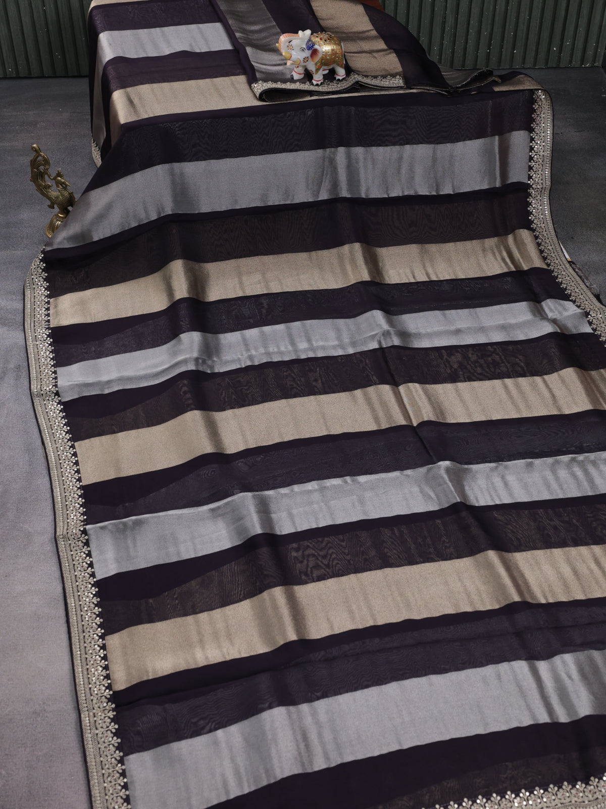 Deep Jmaun Pure Organza Silk Saree With Silver & Gold Zari Stripes & Sequin Work Border