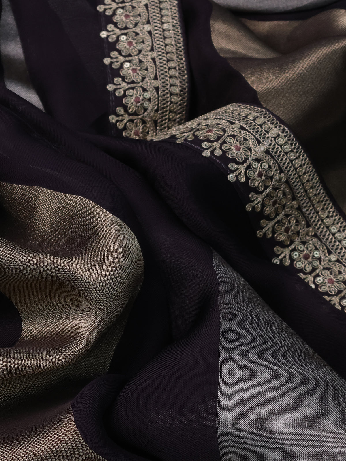 Deep Jmaun Pure Organza Silk Saree With Silver & Gold Zari Stripes & Sequin Work Border