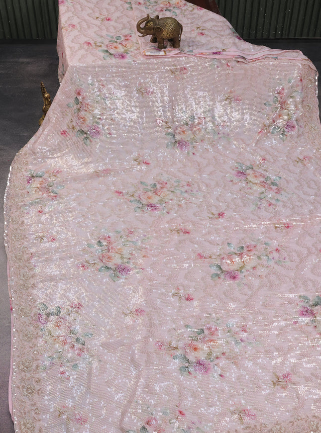 Baby Pink Pure Georgette Saree With Allover Sequin & Beaded Work And Floral Prints