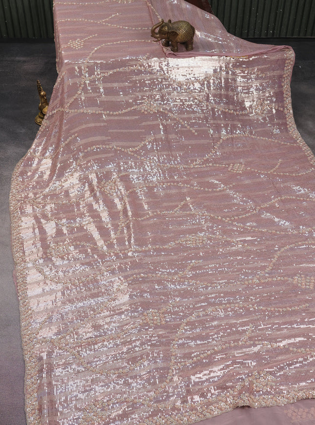 Pastel Pink Pure Georgette Saree With Allover Sequin & Beaded Work