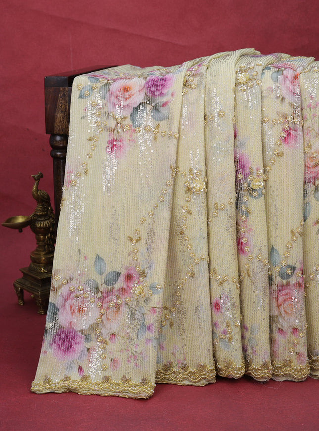 Pale Yellow Pure Georgette Saree With Allover Sequin & Beaded Work And Floral Prints