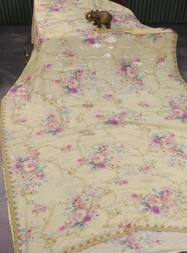 Pale Yellow Pure Georgette Saree With Allover Sequin & Beaded Work And Floral Prints