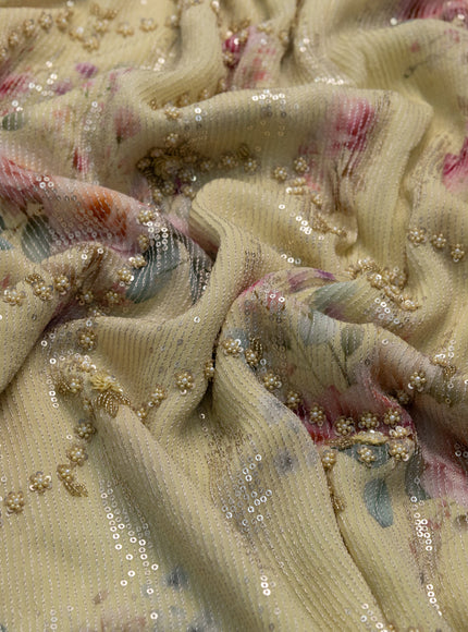 Pale Yellow Pure Georgette Saree With Allover Sequin & Beaded Work And Floral Prints