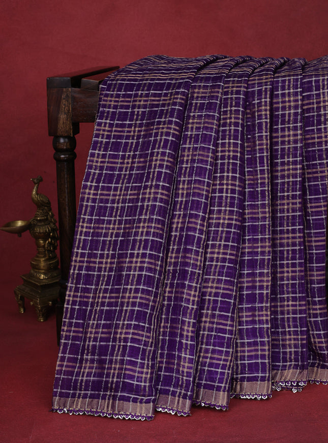 Violet-Pink Pure Organza Silk Saree Silver And Golden Checks With Sequin Border -Readymade Blouse