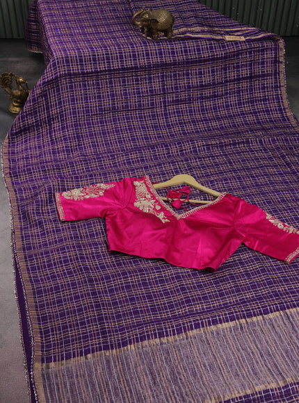 Violet-Pink Pure Organza Silk Saree Silver And Golden Checks With Sequin Border -Readymade Blouse