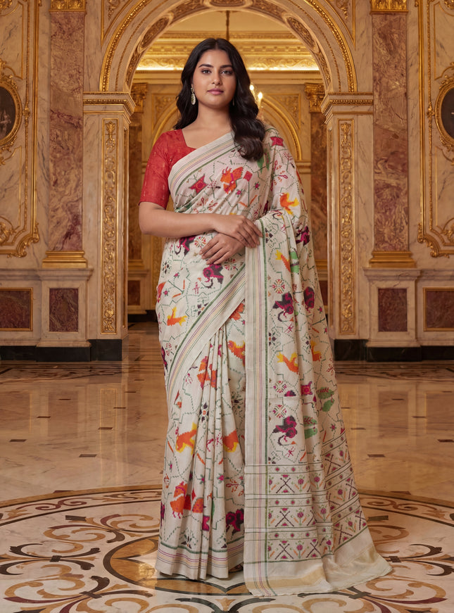 Cream Patan Patola Silk Saree