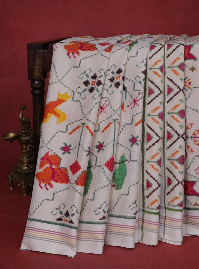 Cream Patan Patola Silk Saree