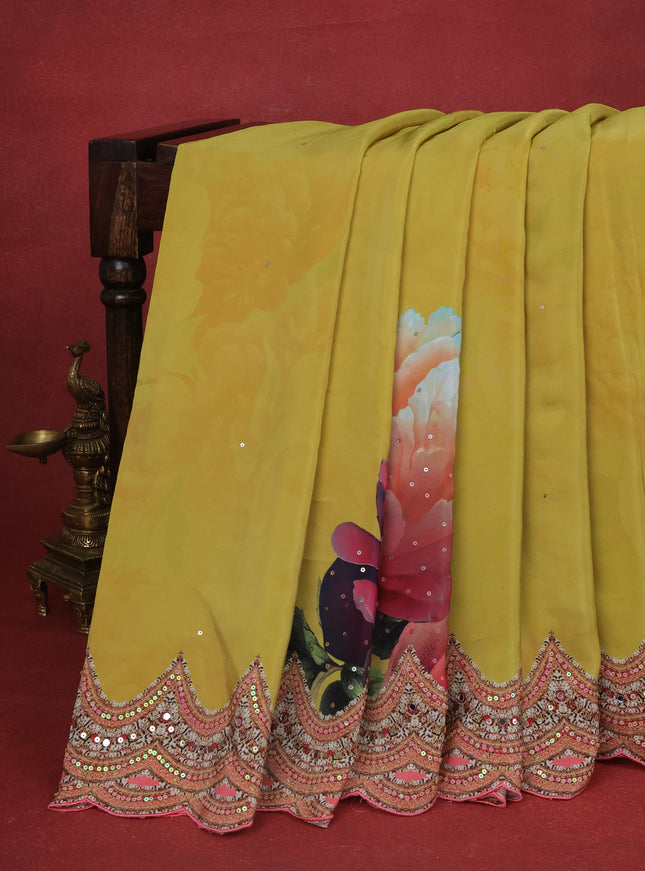 Lime Yellow Printed Crepe Desinger Saree