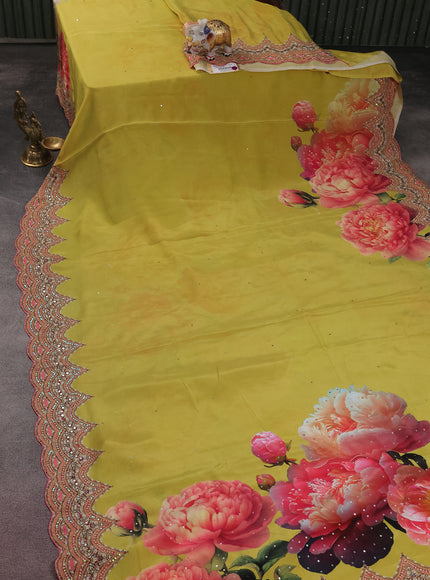 Lime Yellow Printed Crepe Desinger Saree