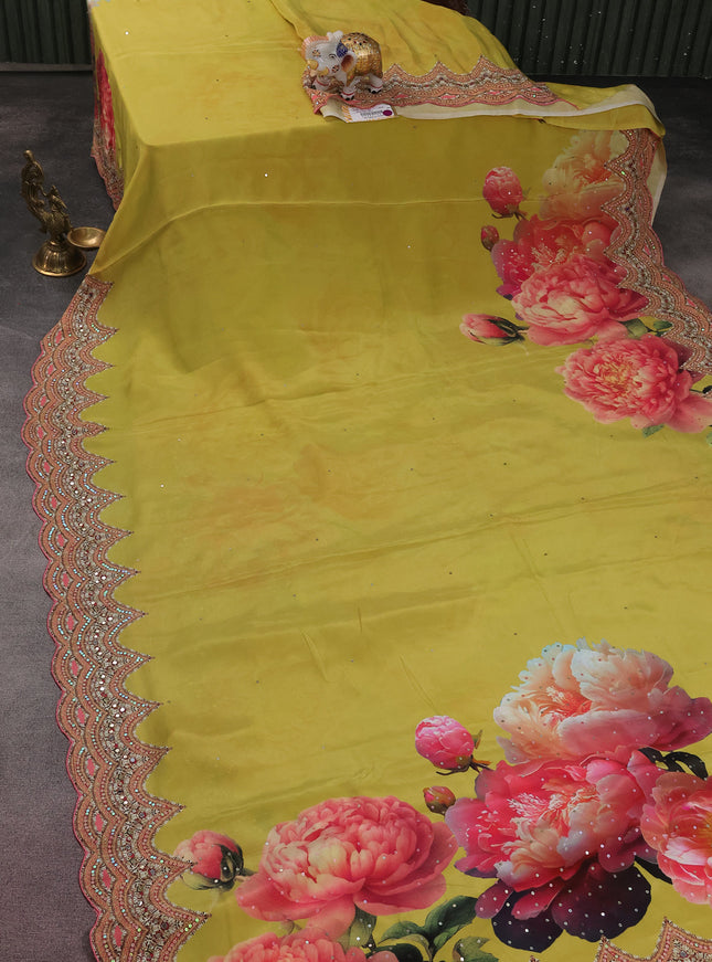 Lime Yellow Printed Crepe Desinger Saree