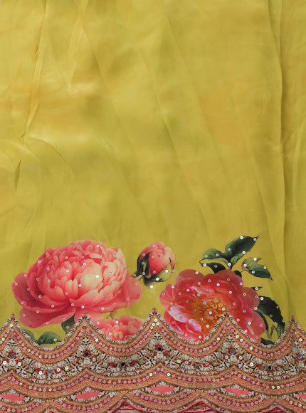 Lime Yellow Printed Crepe Desinger Saree