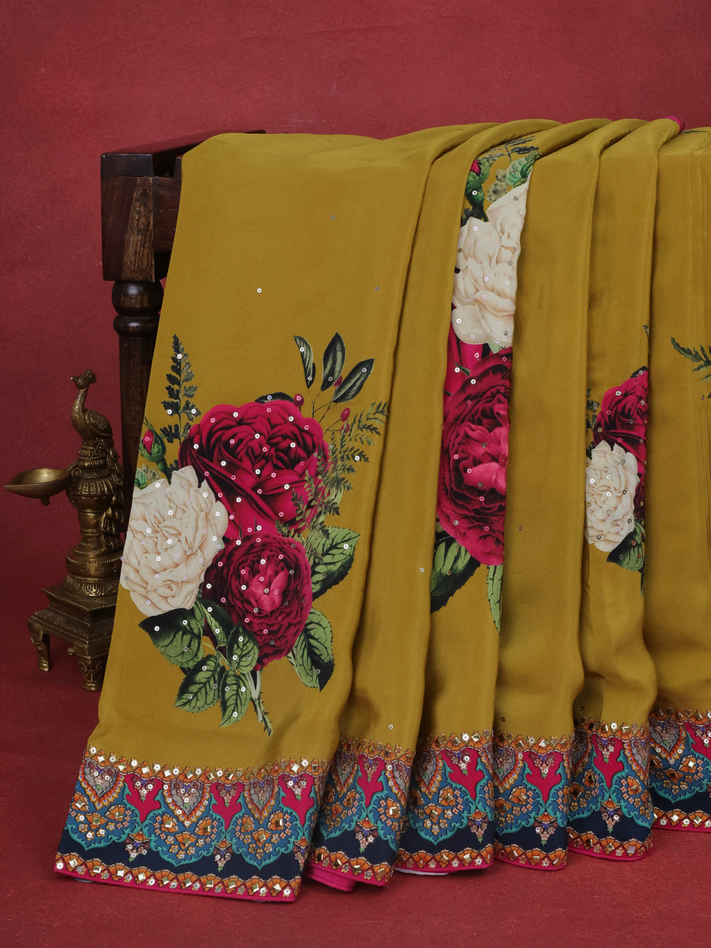 Mustard Yellow-Pink Printed Crepe Desinger Saree