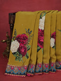 Mustard Yellow-Pink Printed Crepe Desinger Saree