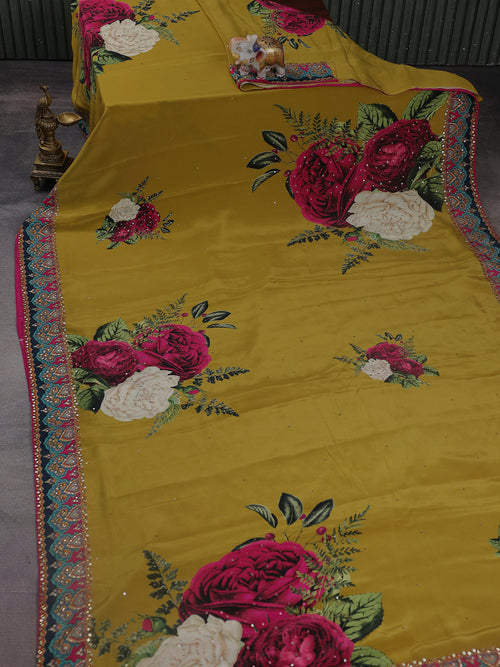 Mustard Yellow-Pink Printed Crepe Desinger Saree